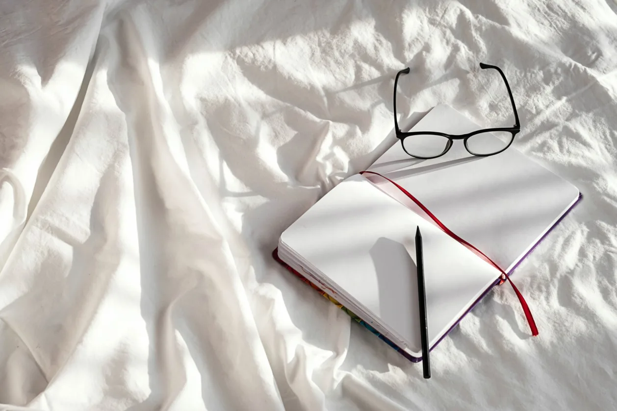 evening routine journaling notebook pencil and eyeglasses on white bedding in sunlight